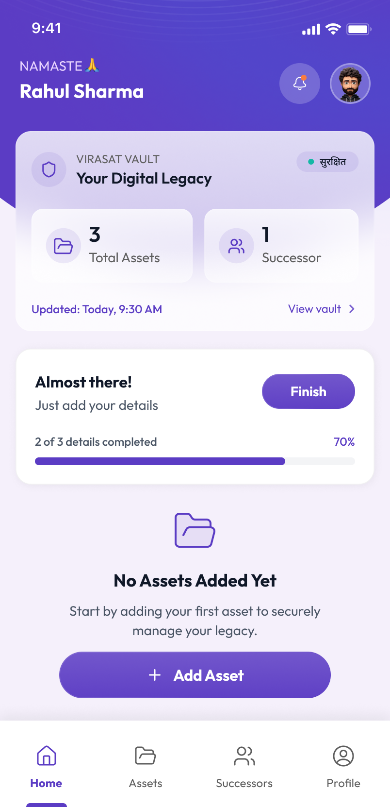 DIGIVIRASAT app onboarding screen titled Secure Your Legacy