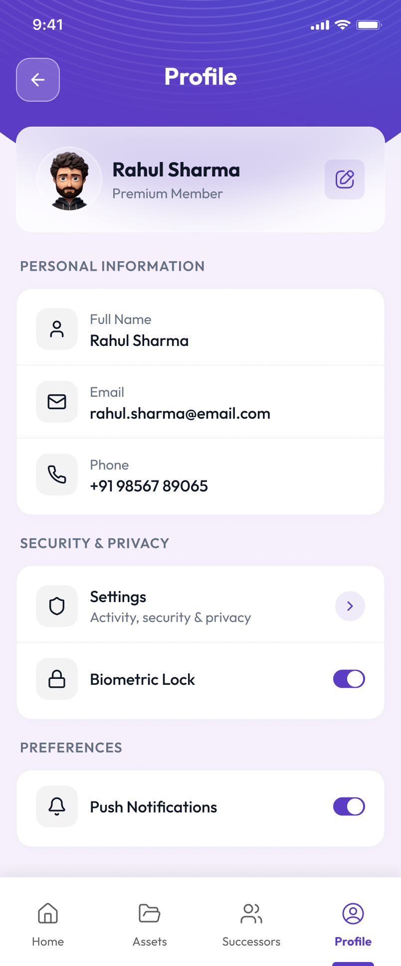 DIGIVIRASAT profile screen with personal information and security options