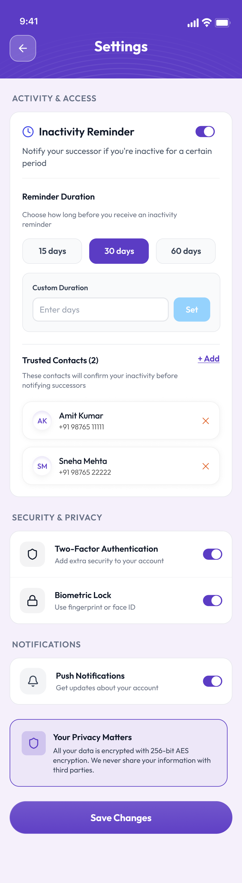 DIGIVIRASAT settings screen with activity, access and security preferences