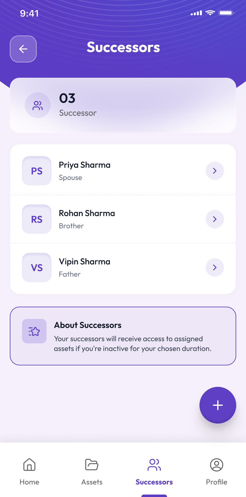 DIGIVIRASAT Successors screen listing three successors